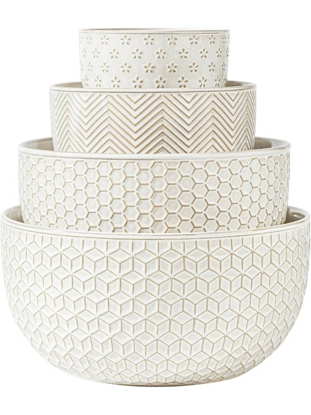Set of 4 Embossed Ceramic Mixing Bowls, Nesting, Microwave & Dishwasher Safe